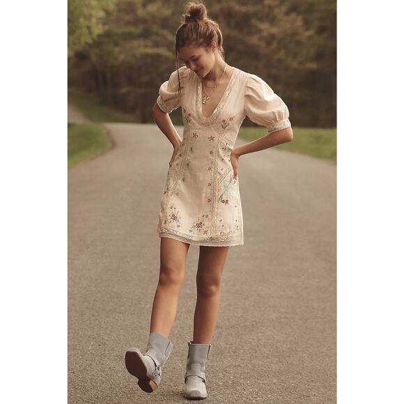 New Anthropologie Linen Blend Puff-Sleeve V-Neck Mini Dress $228 SIZE 12 Neutral - Picture 1 of 6